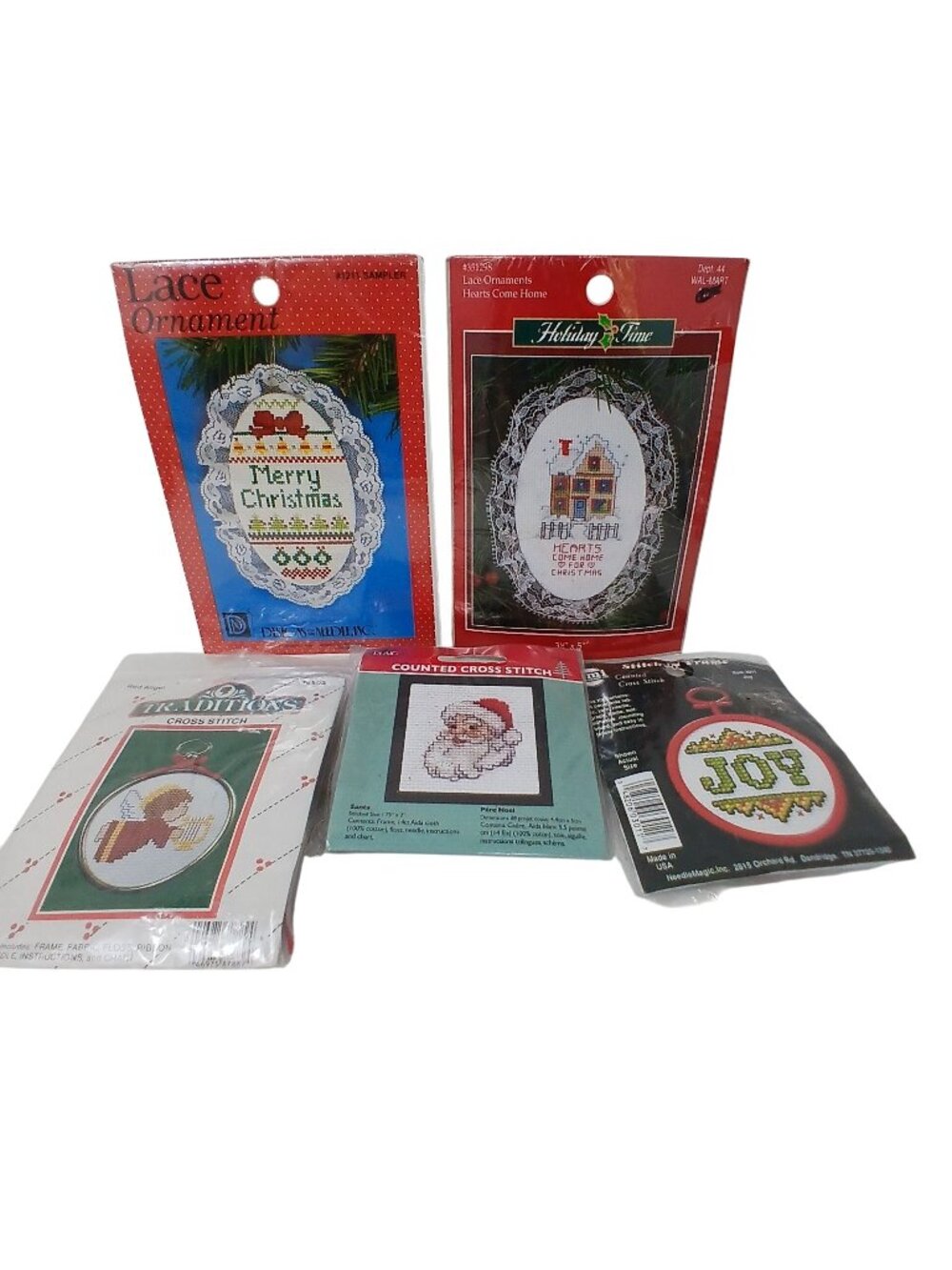 5 Christmas Cross Stitch Ornament Kits Santa Angel Joy #D-9